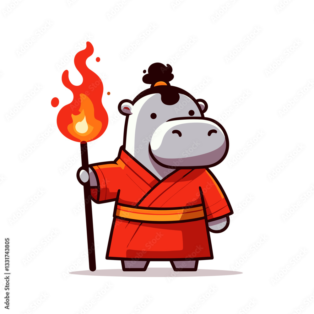 Hippo monk in orange robe with flaming torch. Vector illustration concept for spiritual guide mascot or ancient ceremony character design.