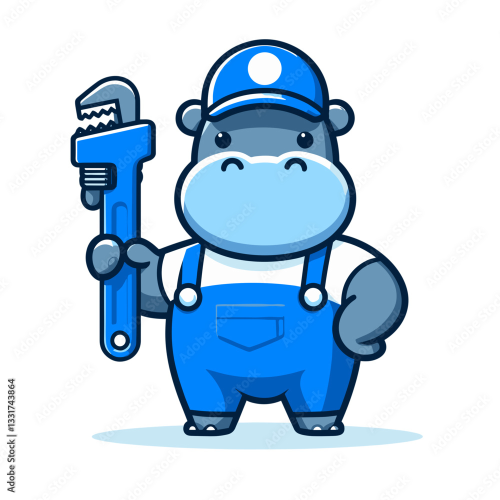 Plumber hippo in blue overalls holding wrench. Vector illustration concept for home repair service mascot or maintenance company character design. Plumber hippo in blue overalls holding wrench. Vector illustration concept for home repair service mascot or maintenance company character design.