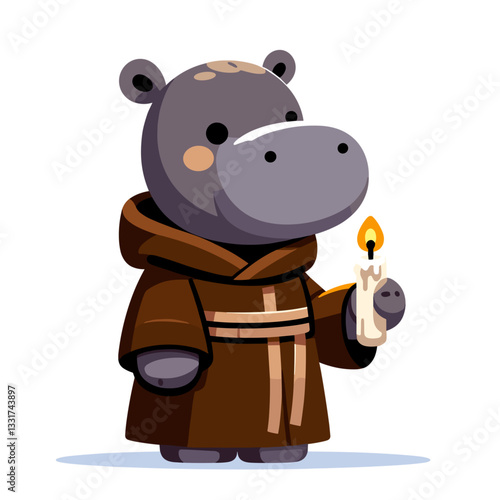 Monk hippo in brown robe holding candle. Vector illustration concept for spiritual retreat mascot or meditation guide character design.