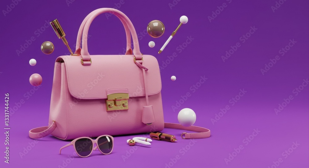 Obraz premium Pink handbag with accessories, a stylish choice.