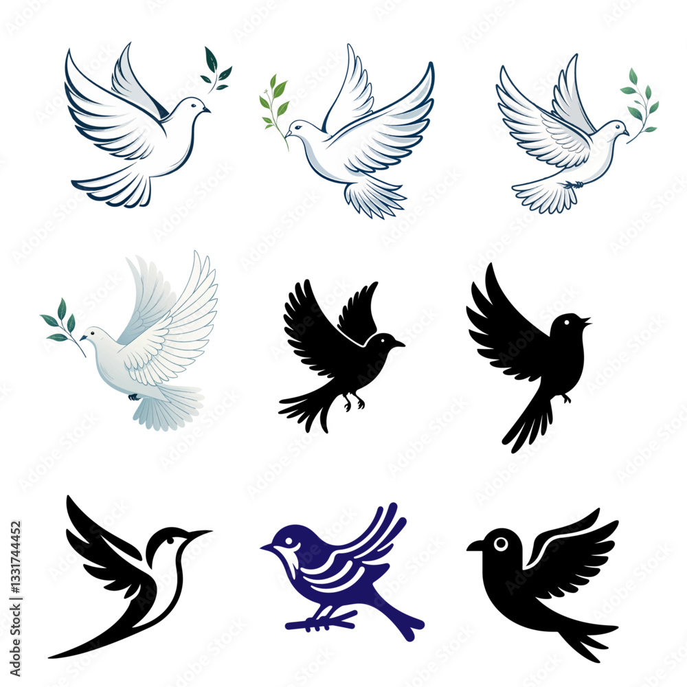 Obraz premium Dove Bird silhouette illustration bundle vector Style with white background