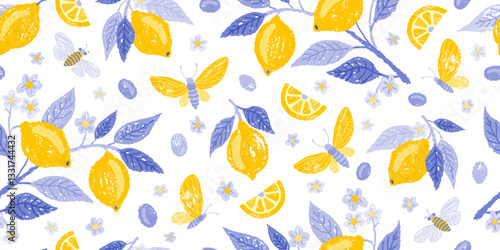 Lemon pattern. Crayon summer background. Seamless blue yellow lemon vector. Citrus fruit, butterfly flower, bee italian print. Abstract floral summer illustration. Mediterranean watercolor seamless bg