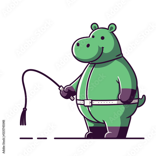 Green hippo circus performer with whip. Vector illustration for entertainment events, circus shows or animal trainer character concepts.