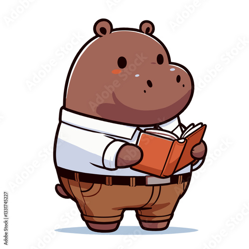 Brown hippo scholar reading book in formal attire. Vector illustration for educational themes, literary concepts or academic character designs.