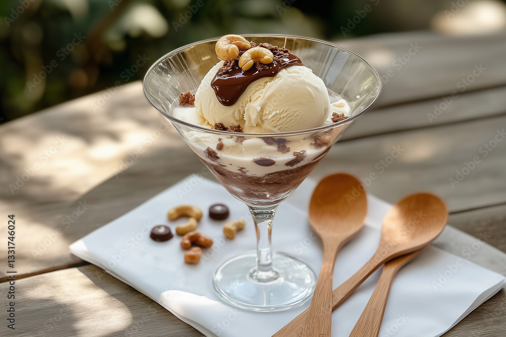 Delicious Ice Cream Sundae with Chocolate Sauce and Cashew Nuts close up Delicious Ice Cream Sundae with Chocolate Sauce and Cashew Nuts close up