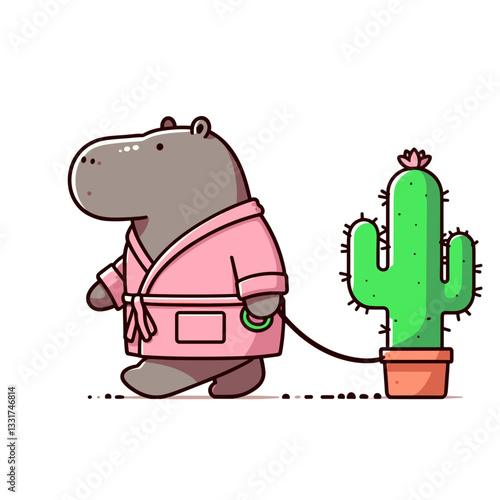 Hippo gardener in pink shirt with potted cactus. Vector illustration for home gardening, houseplant care or botanical hobby content.