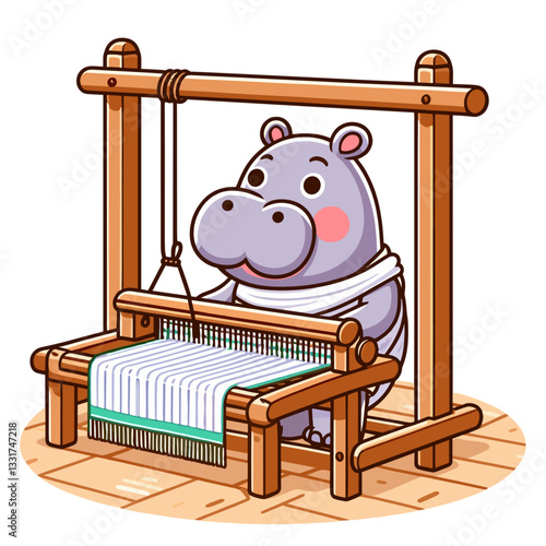 Hippo weaver working at traditional loom with colorful threads. Vector illustration for handicraft arts, textile production or cultural heritage concepts.