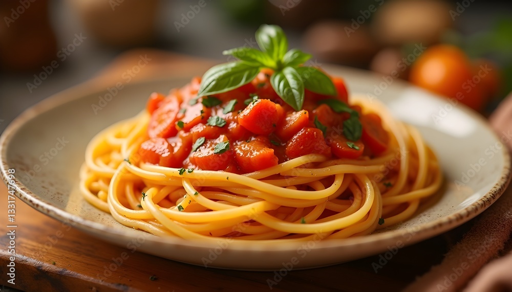 Delicious spaghetti with tomato sauce and fresh basil garnish. Delicious spaghetti with tomato sauce and fresh basil garnish.