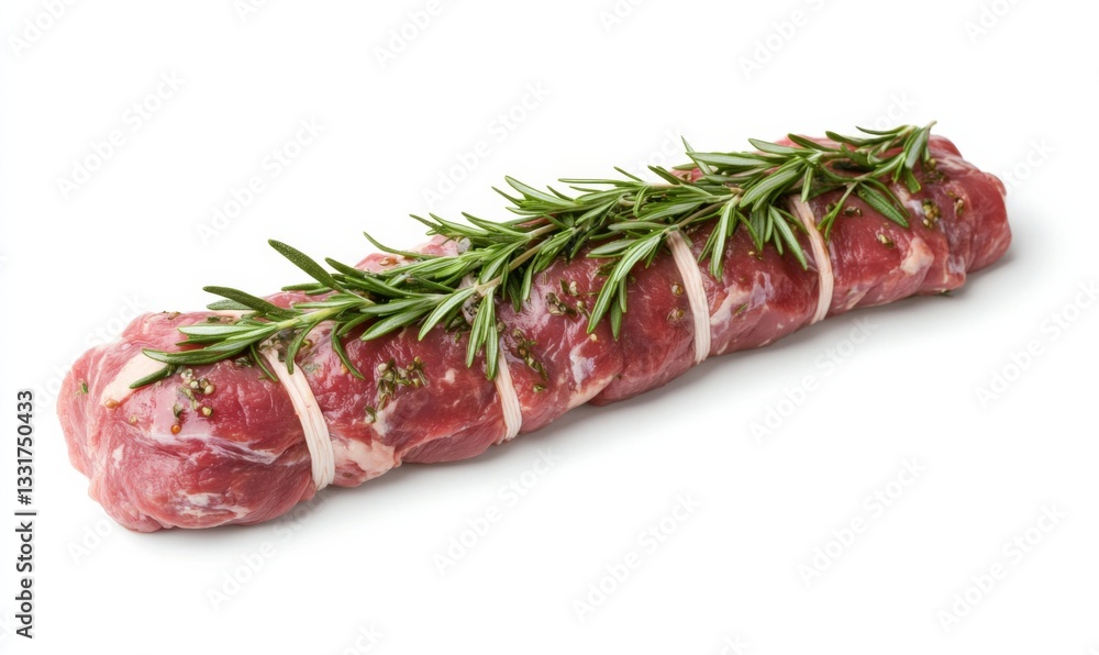 Boneless pork tenderloin is garnished with fresh rosemary springs on a white background, ideal for gourmet cooking or meal preparation with aromatic herbs. Boneless pork tenderloin is garnished with fresh rosemary springs on a white background, ideal for gourmet cooking or meal preparation with aromatic herbs.