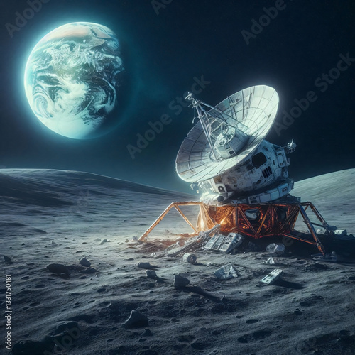 Crashed lunar lander standing on the Moon, concept illustration