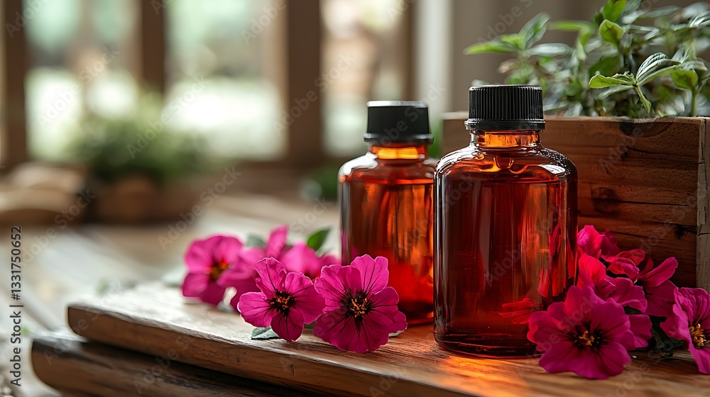Oil Bottles with Flowers on Wood Table. Oil Bottles with Flowers on Wood Table.