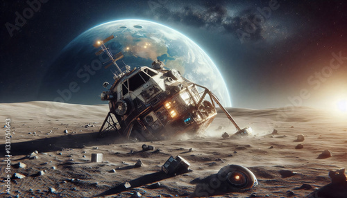 Crashed lunar lander standing on the Moon, concept illustration