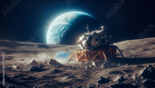 Crashed lunar lander standing on the Moon, concept illustration