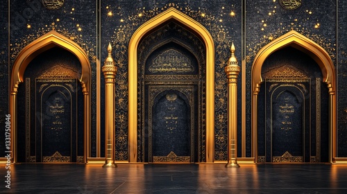 Ornate Golden Arched Doorways in a Dark Mosaic Interior