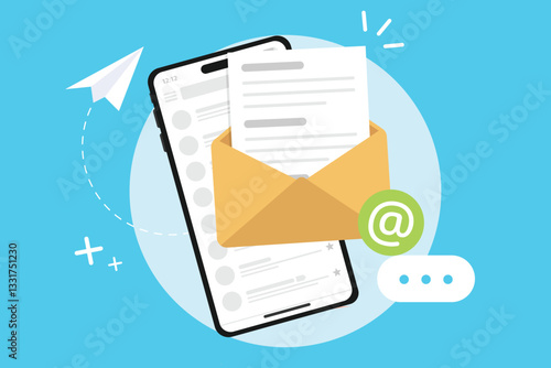 Mobile phone with email notifications, Smartphone mail app open on mobile screen concept.