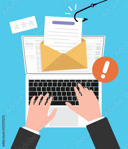 Data phishing email hacking while use laptop computer, Online scam envelope concept.