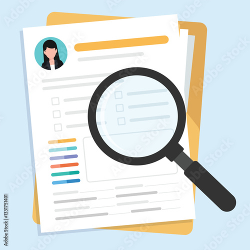 Resume CV document paper searching with magnifying glass in flat design.