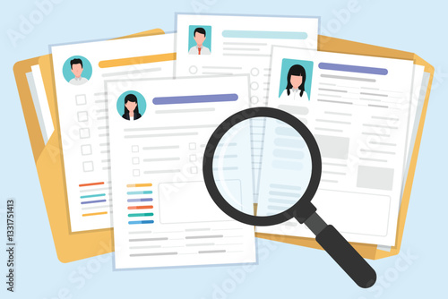 Group of CV paper and resume document searching with magnifying glass concept.