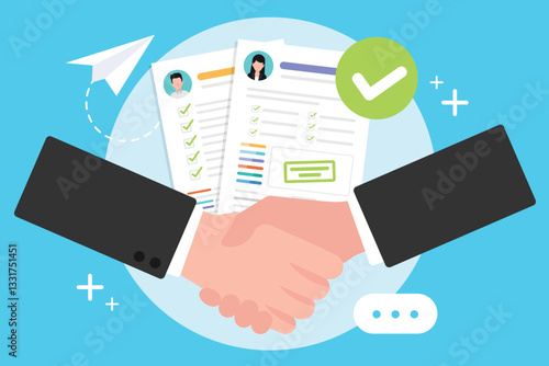 Business people shaking hand in front of resume document, CV document approve and successful contract cooperation, Business job concept.