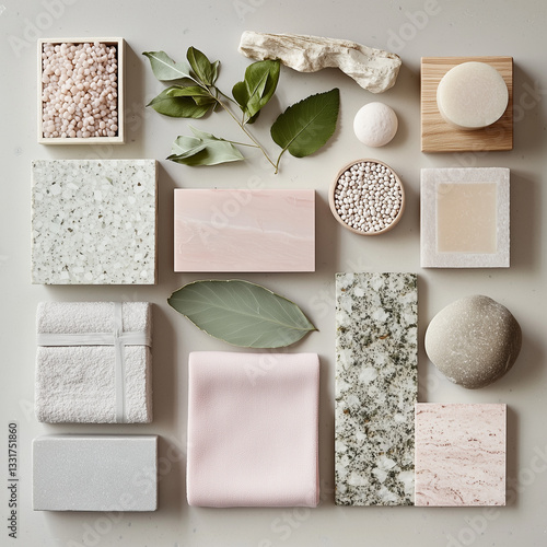mood board for a spa aimed at mothers and daughters, including materials such as pink marble, rough white natural stones, light wood parquet, delicate light pink fabric, green leaves, and water.