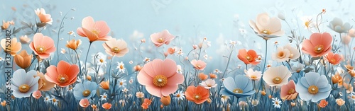 Pastel Floral Field Delicate Paper Flowers in a Dreamy Blue Setting