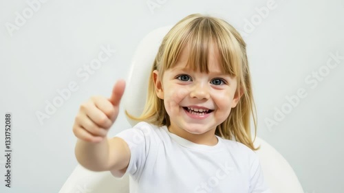 Wallpaper Mural Banner with little blonde-haired girl in dentist's chair, satisfied with treatment, on light background. Children's dentistry, routine checkup, no fear of treatment and pain Torontodigital.ca