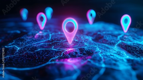 Glowing Neon Location Markers on Abstract Digital Map