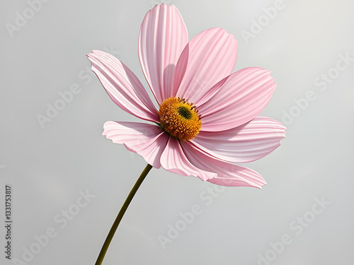 Minimalistic Abstract Oil Painting of a White Cosmos Flower with Pink Gold-Plated Accents on a Light Grey Textured Background

