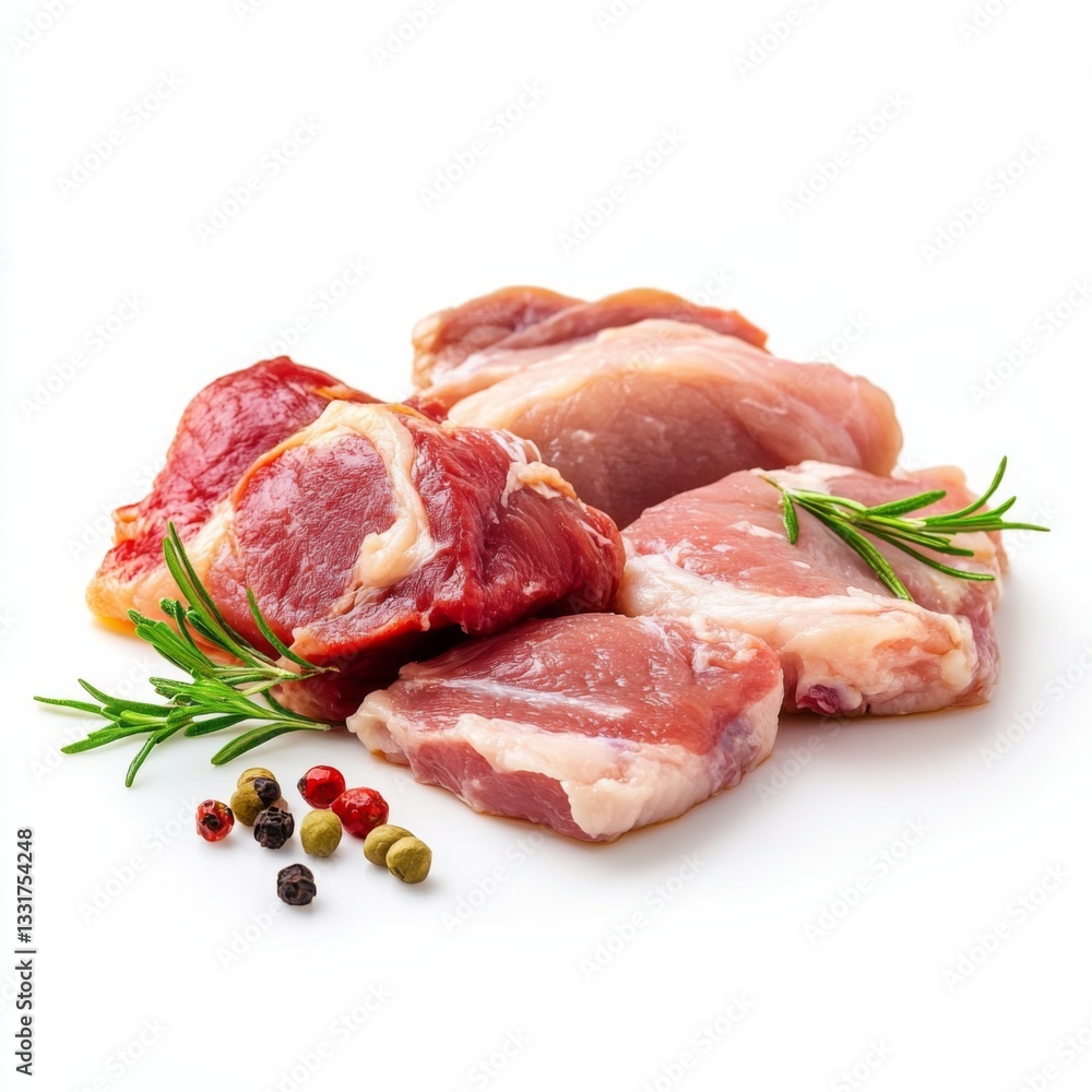 A fresh selection of raw meat cuts including beef and lamb, accompanied by rosemary and assorted peppercorns, ideal for gourmet cooking and culinary experimentation. A fresh selection of raw meat cuts including beef and lamb, accompanied by rosemary and assorted peppercorns, ideal for gourmet cooking and culinary experimentation.