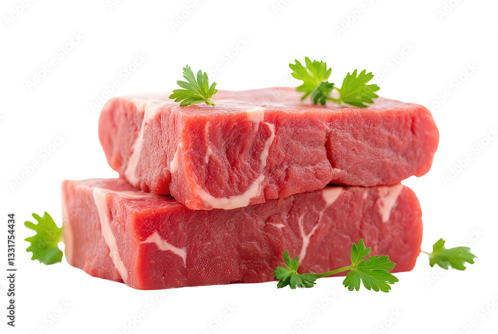 Fresh Raw Beef Cuts with Green Parsley on White Background Fresh Raw Beef Cuts with Green Parsley on White Background