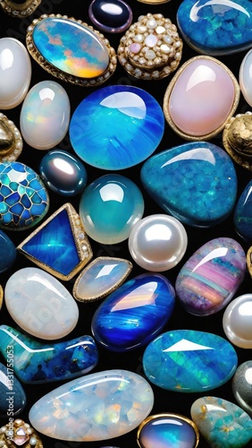 宝石, 半貴石, オパール, ターコイズ, 真珠, アクアマリン, ラピスラズリ, 青い宝石, 貴石, ジュエリー, 光沢, 透明感, クリスタル, ゴールド
