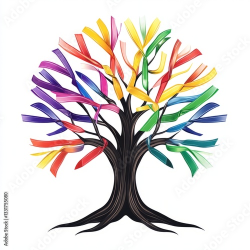 Cancer awareness tree with multicolored ribbons isolated on white background