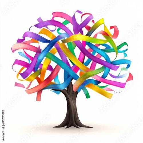 Cancer awareness tree with multicolored ribbons isolated on white background