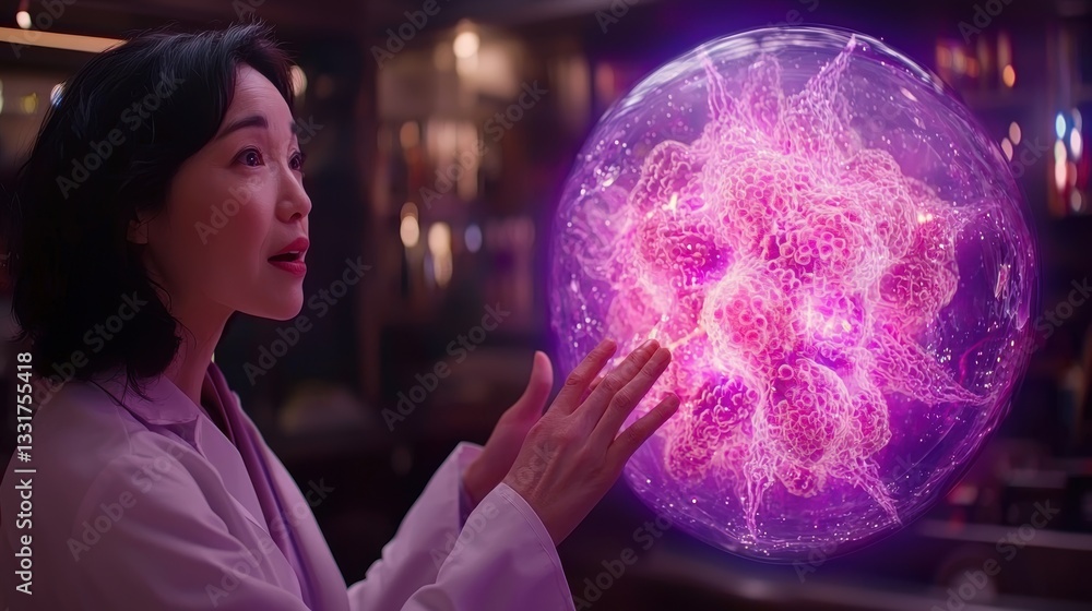 Naklejka premium Woman Engaging with Futuristic Holographic Technology in Lab Setting