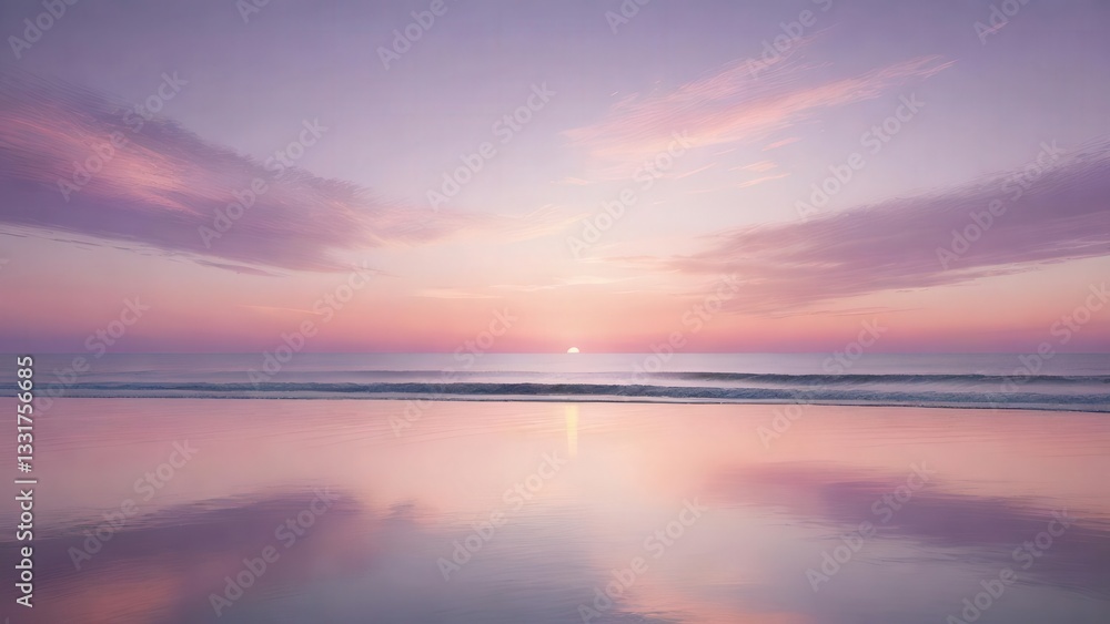 Fototapeta premium 夕日, サンセット, 海, 波, 水面, 反射, オレンジ, ピンク, 紫, 青, 空, 雲, 静寂, 穏やか, 自然, 美しい, 風景, トワイライト, 黄昏