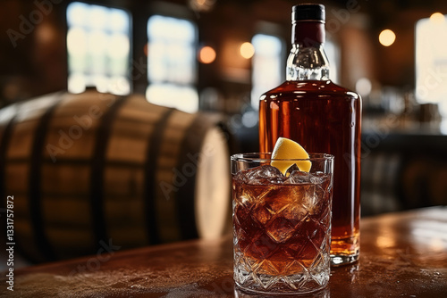 Rich amber whiskey bottle next to a glass filled with ice and a lemon wedge, set in a warm distillery environment