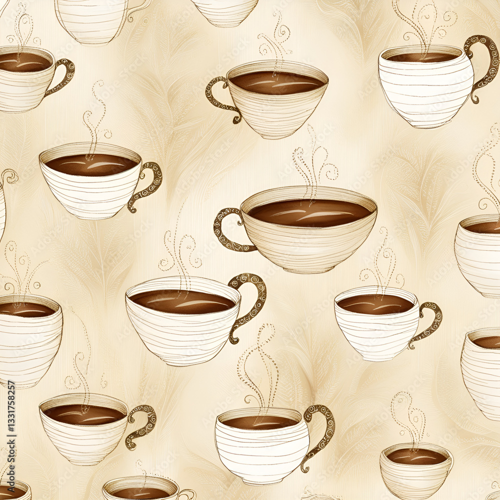 Obraz premium Dreamy Hand-Drawn Coffee Cup Pattern on Light Beige Background