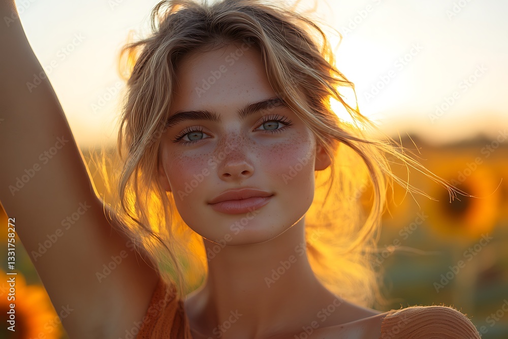 Portrait of a Young Woman with Freckles in a Sunflower Field at Sunset Portrait of a Young Woman with Freckles in a Sunflower Field at Sunset