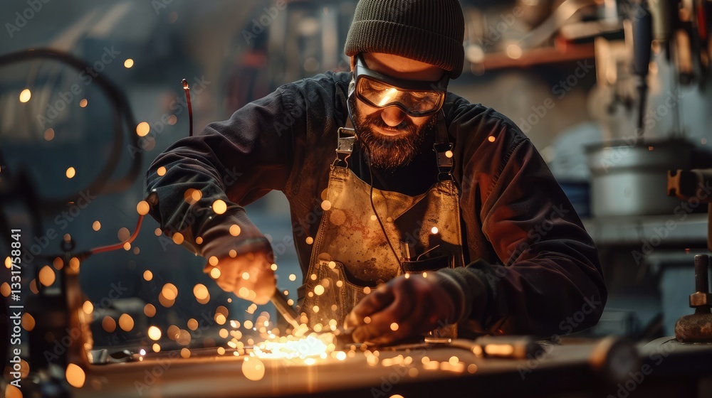 Focused Artisan Welding with Sparks in Workshop Focused Artisan Welding with Sparks in Workshop