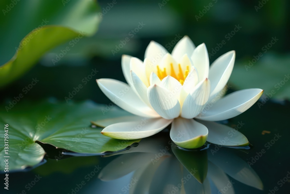 Single white lotus in clear water, delicate petals unfurling , nature, still, spa Single white lotus in clear water, delicate petals unfurling , nature, still, spa