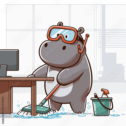 Office cleaner hippo with mop and bucket. Vector illustration for cleaning services, workplace maintenance or janitorial profession concepts.