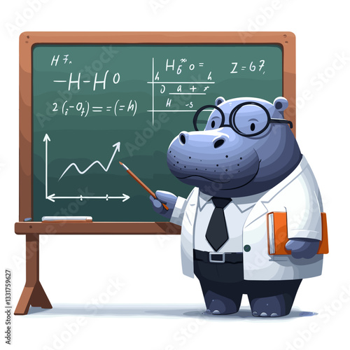 Professor hippo teaching mathematics at chalkboard. Vector illustration for educational content, STEM learning or academic teaching concepts.