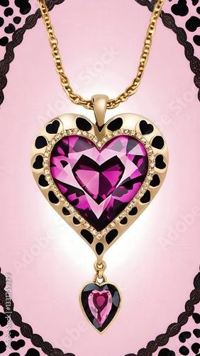 ネックレス, ペンダント, ヒョウ, レオパード, ハート, ゴールド, ピンク, ブラック, ジュエリー, ラグジュアリー, エレガント, クリスタル, 宝石, ダイヤモンド, チェーン, 光沢, 反射, メタリック, 輝き, きらめき, 装飾, 繊細, 高級感, ファッション