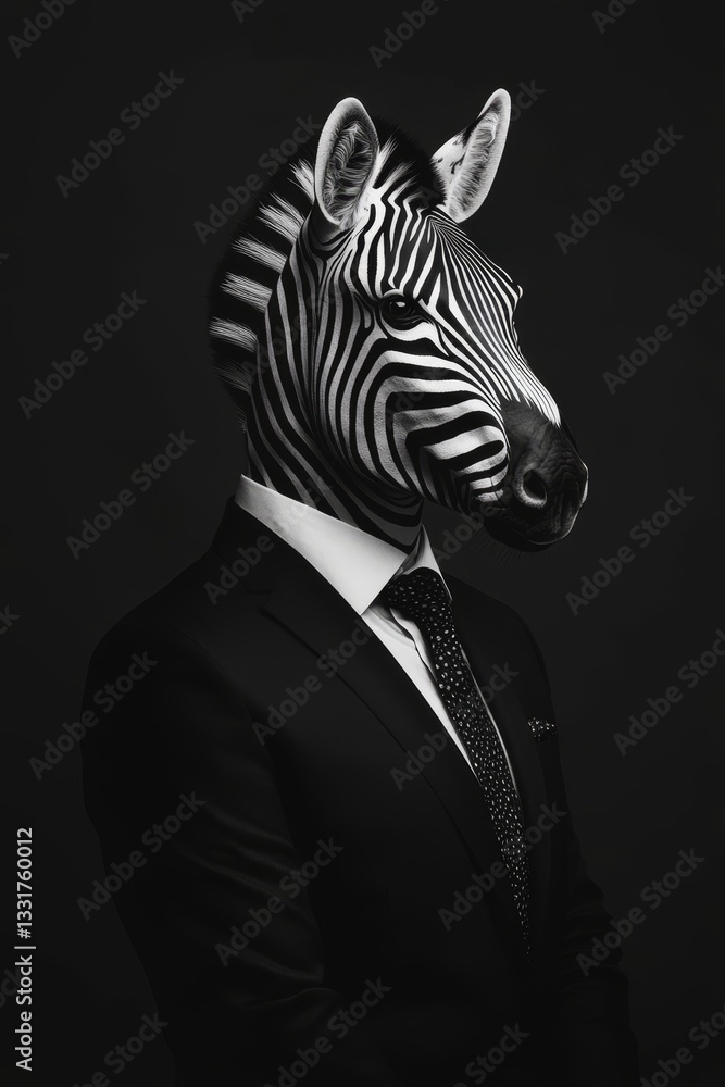 Fototapeta premium Zebra in a Suit Striking Anthropomorphic Portrait Against a Dark Background, Surrealistic Concept