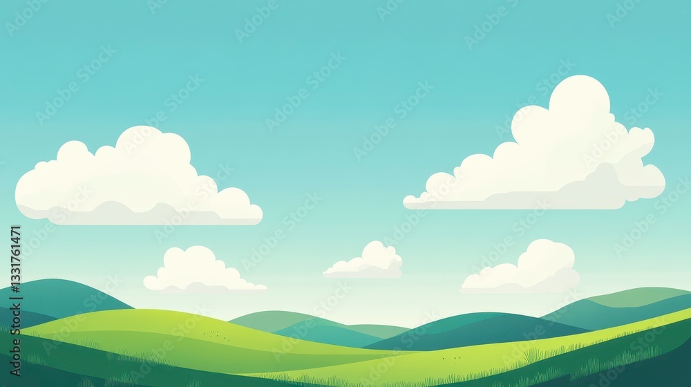 Serene Rolling Hills Landscape Under a Blue Sky with Fluffy Clouds Serene Rolling Hills Landscape Under a Blue Sky with Fluffy Clouds