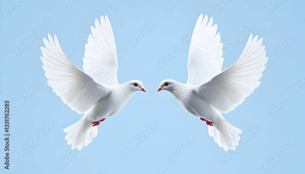 Two white doves in flight against a light blue sky Two white doves in flight against a light blue sky