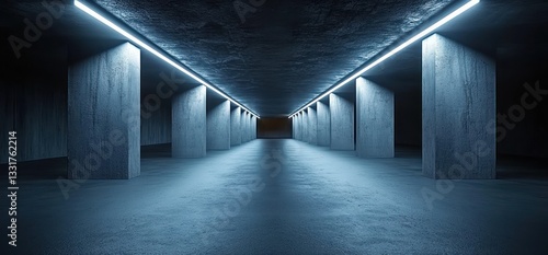 Fototapeta Naklejka Na Ścianę i Meble -  Brutalist Underground Hall with Concrete Pillars and LED Lights