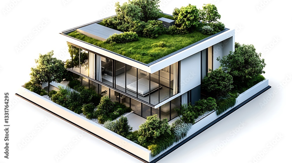 Fototapeta premium Isometric Modern House with Green Roof & Garden Ultra-Realistic Architectural Rendering