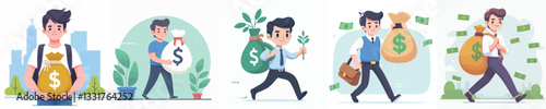 vector young man holding money bag
