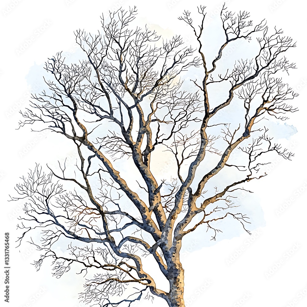 Watercolor Painting of a Leafless Tree Against a Light Blue Sky. A detailed illustration perfect for design projects and artistic applications. Watercolor Painting of a Leafless Tree Against a Light Blue Sky. A detailed illustration perfect for design projects and artistic applications.